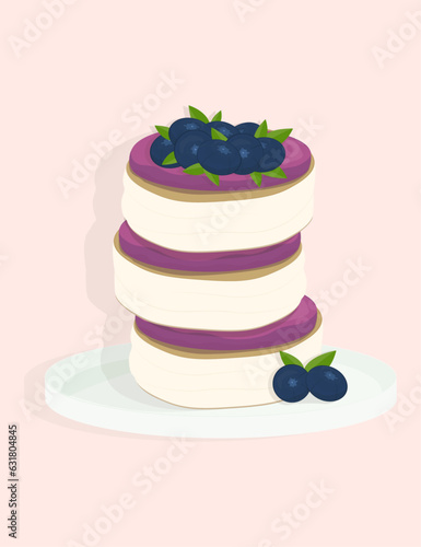 Appetizing pancakes with cream and blueberries on a plate