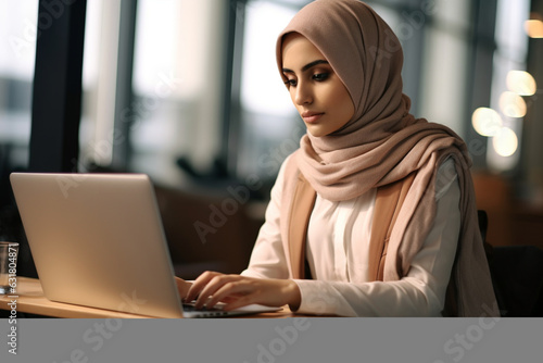 Unrecognizable muslim woman in headscarf working on laptop in office