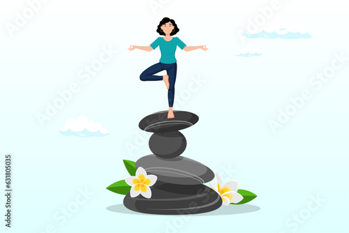 Calm young woman meditate in yoga pose and balance on rock stack, harmony, balance or meditation, mindfulness relaxation for life wellness, zen or spiritual therapy, focus or concentration (Vector)