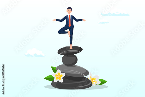 Calm young man meditate in yoga pose and balance on rock stack, harmony, balance or meditation, mindfulness relaxation for life wellness, zen or spiritual therapy, focus or concentration (Vector)