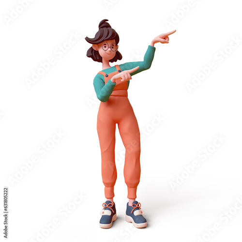 Cute kawaii positive excited smiling asian active chef girl wears fashion casual clothes orange overalls, green t-shirt stands pointing her finger showing you way. 3d render isolated transparent.