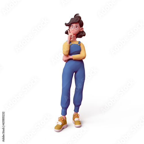Cute asian girl in fashion blue overalls, yellow t-shirt touches her chin with hand raises her index finger up, thinking over decision trying to make right choice. 3d render isolated transparent.