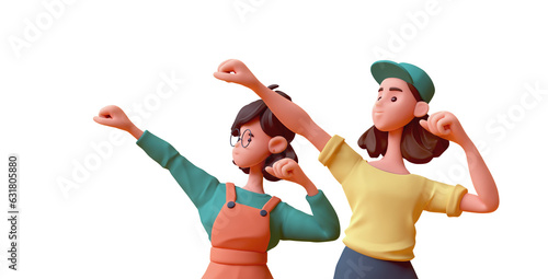 Two cute kawaii excited asian colorful active superheroes in fashion green orange yellow clothes in fighting pose, hands in fist, strong gesture, sports training. 3d render isolated transparent.