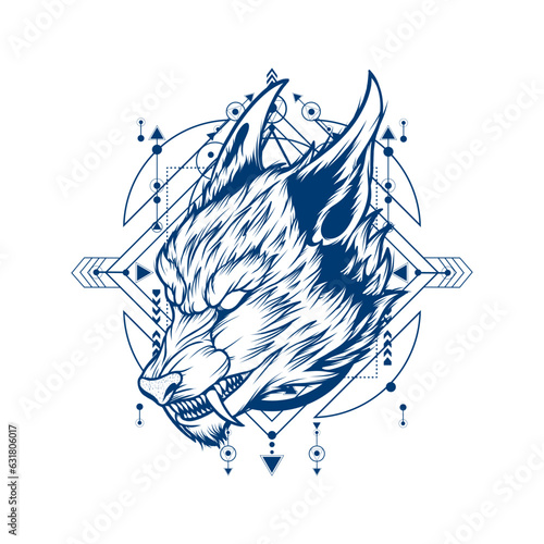 Mythical Wolf Illustration in Black Outline with Sacred Geometry 2