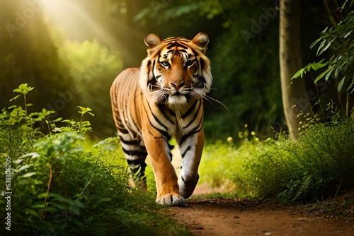 tiger in the jungle, A majestic tiger emerges from a dense forest, its head held high with regal grace