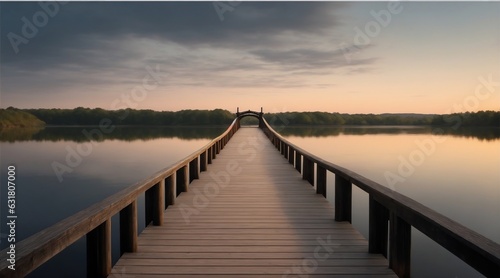 A long  wooden bridge that curves over a body of water. AI-generated