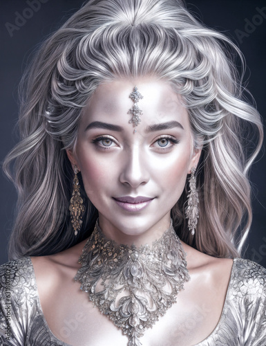 Portrait of a beautiful woman covered in silver.Princess and queen.Digital creative designer fashion glamour art.