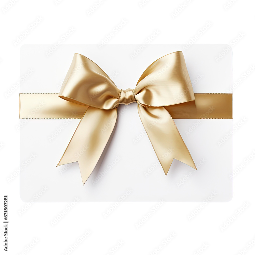 White gift card with gold ribbon and bow tie. Ideal for Christmas, sales, gifts, and seasonal discounts. Isolated on transparent with included clipping path. White gift card with gold ribbon and bow tie. Ideal for Christmas, sales, gifts, and seasonal discounts. Isolated on transparent with included clipping path.