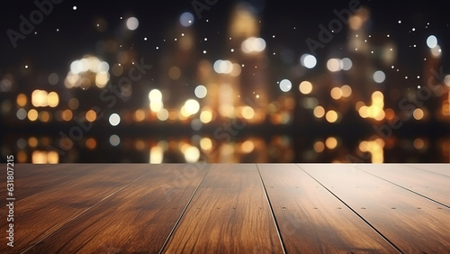 Empty wooden table with city night view background, for product display