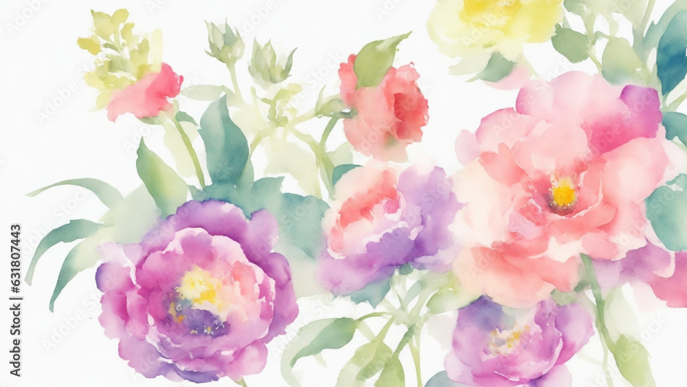 Pastel watercolor flowers on a white background.