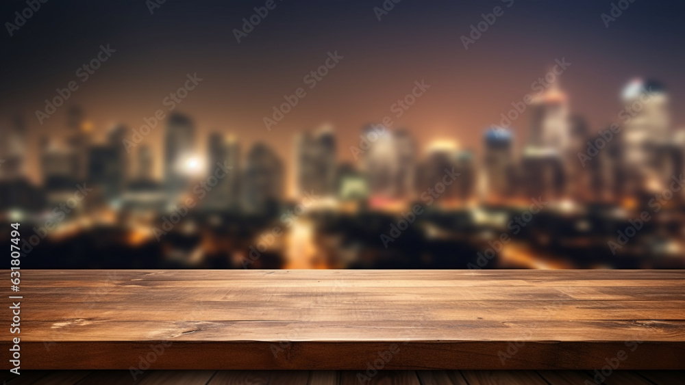 Empty wooden table with city night view background, for product display Empty wooden table with city night view background, for product display