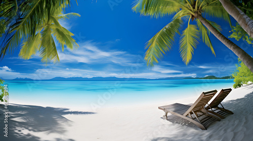Pristine Tropical Beach Scene: Sunbeds Under Tropical Palm Trees Where White Sand Meets Azure Sea. Generative Ai.  © Philipp