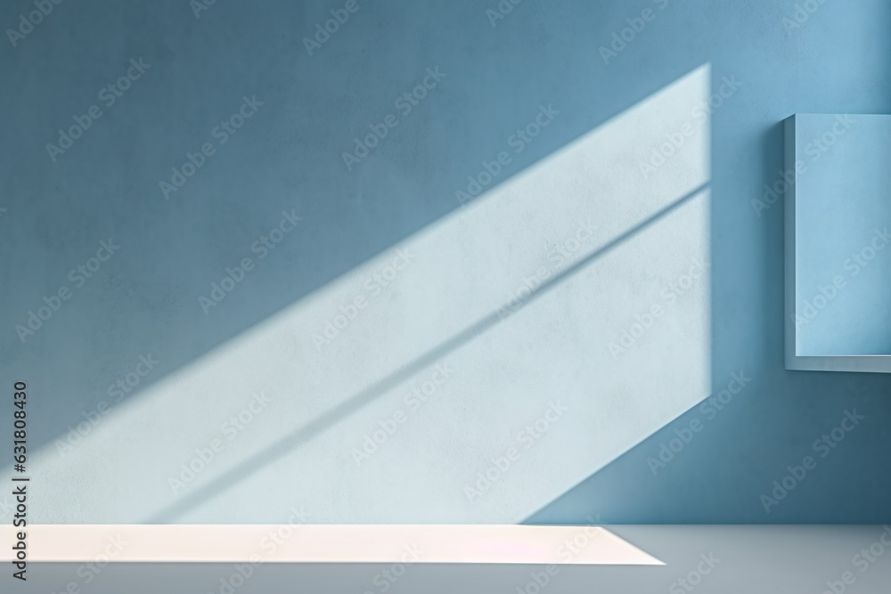 Minimal model empty blue room with light from windows.modern,Minimal background for products presentation.Created with Generative AI technology Minimal model empty blue room with light from windows.modern,Minimal background for products presentation.Created with Generative AI technology