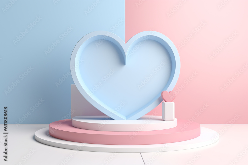 Blue heart podium background for cosmetic presentation .Happy valentine day concept...Created with Generative AI technology