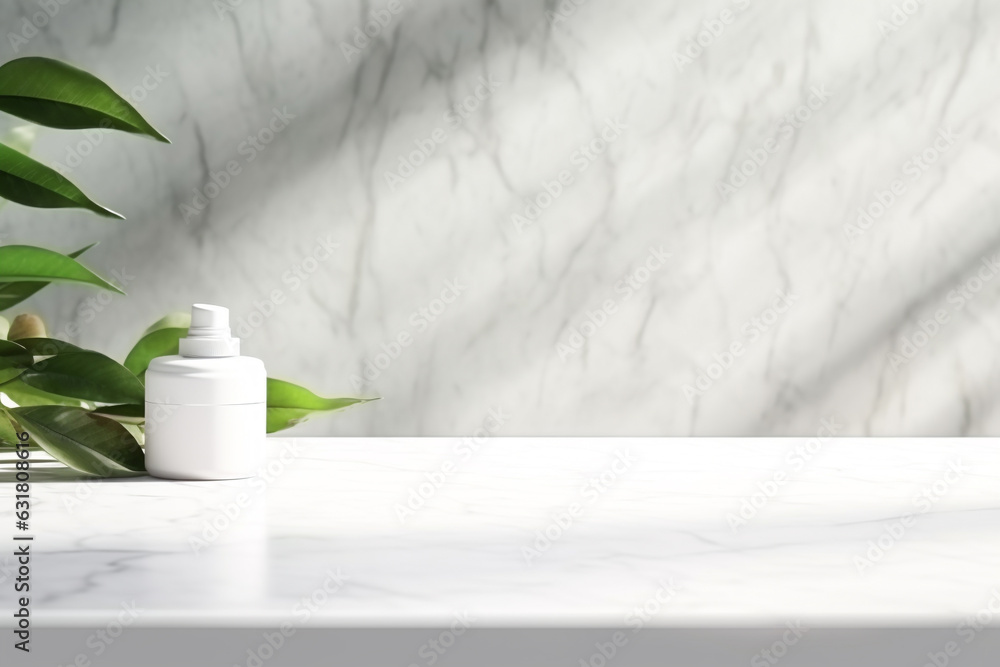 Fototapeta premium Close up of Empty white marble table counter podium with stone white wall .Minimal background for products presentation.Created with Generative AI technology