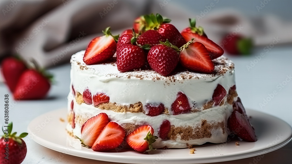 Strawberry cake with wrapped cream and fresh strawberries on a grey background. Generative AI technology.