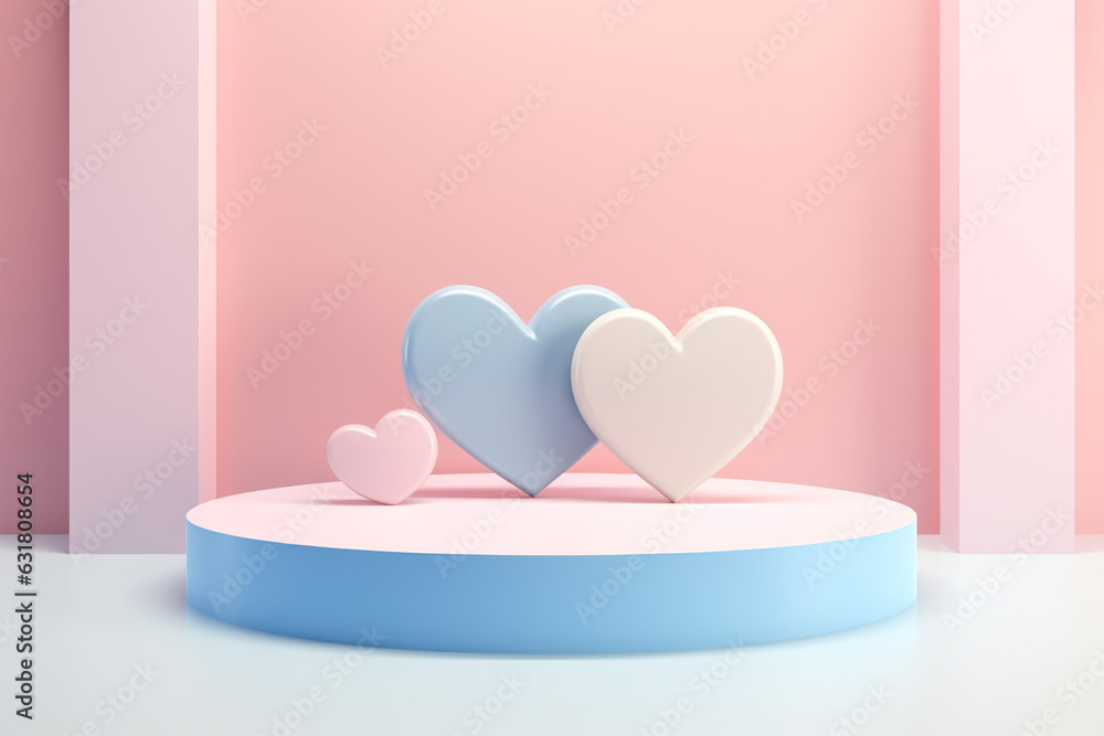 Blue heart podium background for cosmetic presentation .Happy valentine day concept...Created with Generative AI technology