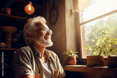 Happy senior with a peaceful mind enjoying life in a cozy kitchen with natural sunlight. Inner harmony and contentment concept. photo