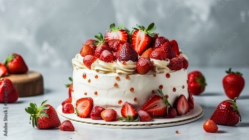 Strawberry cake with wrapped cream and fresh strawberries on a grey background. Generative AI technology. Strawberry cake with wrapped cream and fresh strawberries on a grey background. Generative AI technology.