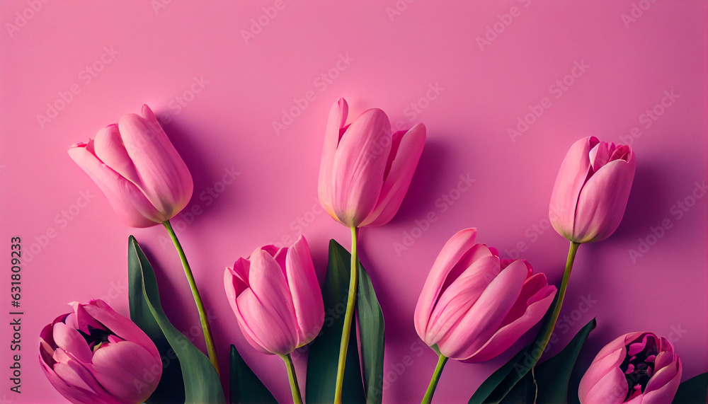 Pink tulips on pink background. Top view, flat lay, bouquet of tulips, Ai generated image Pink tulips on pink background. Top view, flat lay, bouquet of tulips, Ai generated image
