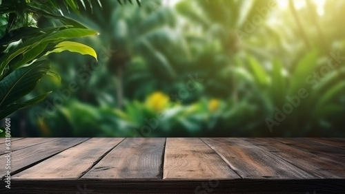 Empty wooden table with daytime home garden background  for product display