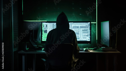 Hacking Into the Main Frame. Technology and Coding, Sinister Mysterious Person. System Computer Hacker Wearing Dark Hoodie Concept of Stealing, Green Code, Keyboards, and Intruder. photo