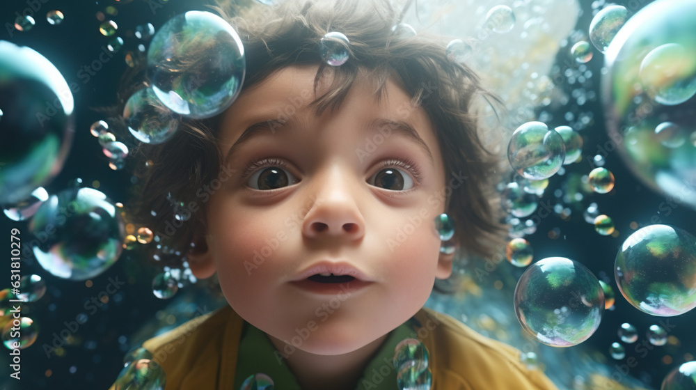 Little Child in Wonder Surrounded by Bubbles. Concept of Childhood Like Excitement. Bubbly Underwater. Concept of Swim and Float. Little Child in Wonder Surrounded by Bubbles. Concept of Childhood Like Excitement. Bubbly Underwater. Concept of Swim and Float.