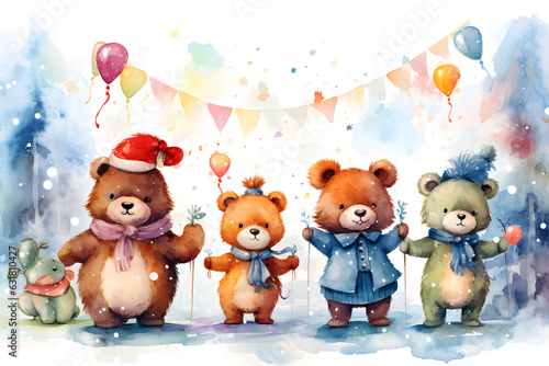 Cute bear enjoy in New Year Party celebration with balloon and gift. Watercolor illustration background  Generative AI