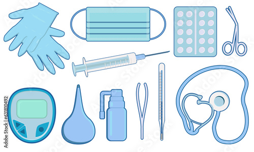 Vector set of images of medical instruments, isolated on white background