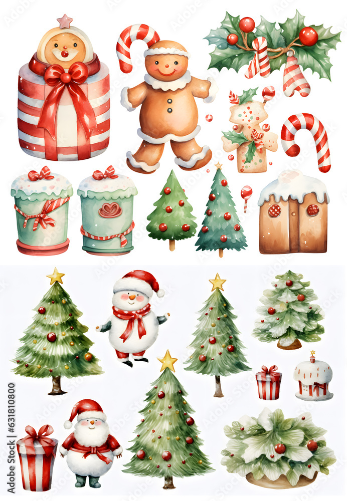 Set of cute christmas elements for merry x'mas celebration on white background. Watercolor illustration background, Generative AI Set of cute christmas elements for merry x'mas celebration on white background. Watercolor illustration background, Generative AI