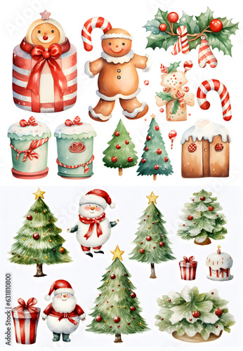 Set of cute christmas elements for merry x'mas celebration on white background. Watercolor illustration background, Generative AI