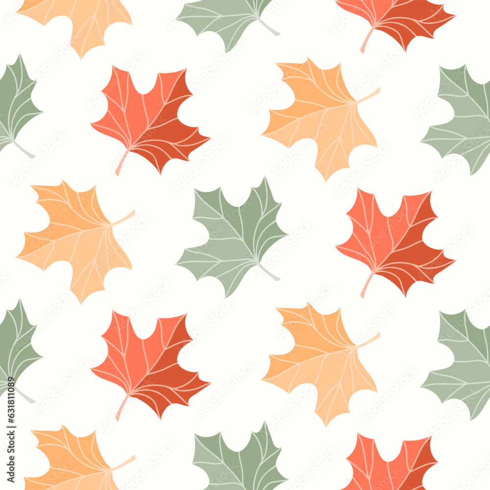 Obraz premium Seamless pattern of doodle maple leaves on isolated background. Hand drawn background for Autumn harvest holiday, Thanksgiving, Halloween, seasonal, textile, scrapbooking.