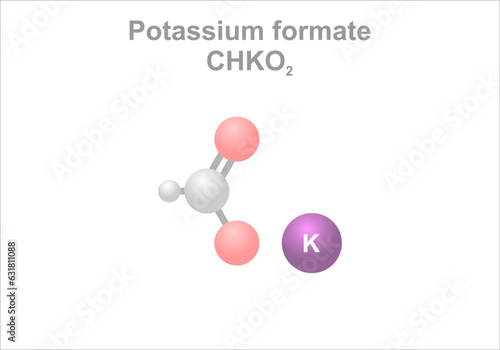 Potassium formate. Simplified scheme of the molecule. Use as environmentally friendly deicing salt.