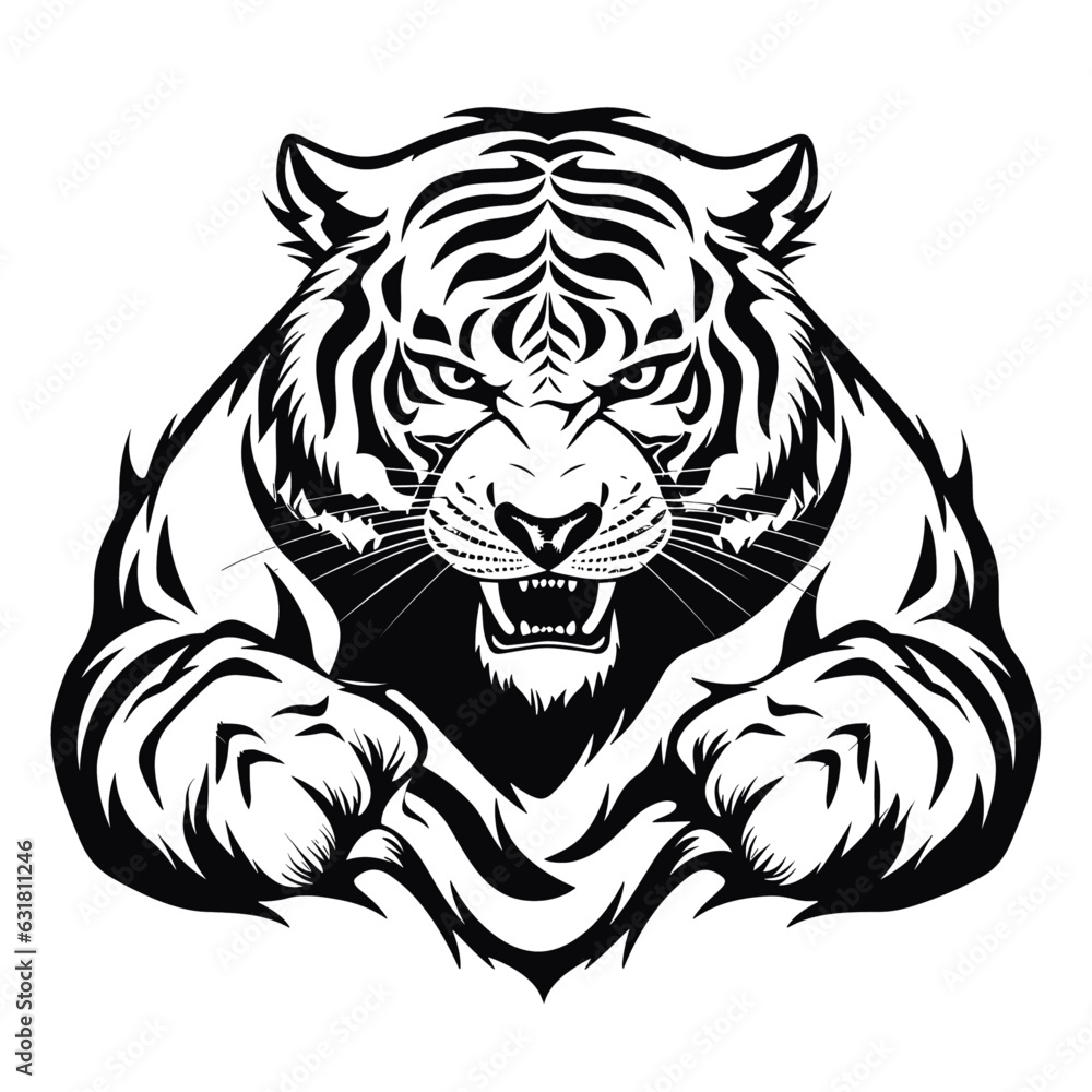 Angry Tiger Black and White Jumping Tiger tattoo