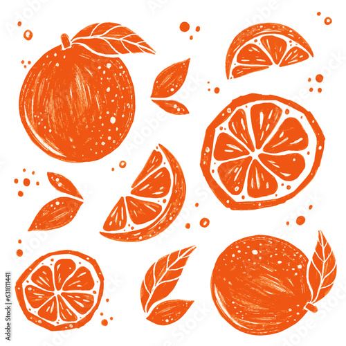 Juicy Orange Illustration Set with painted textures, vector icons  (ID: 631811441)
