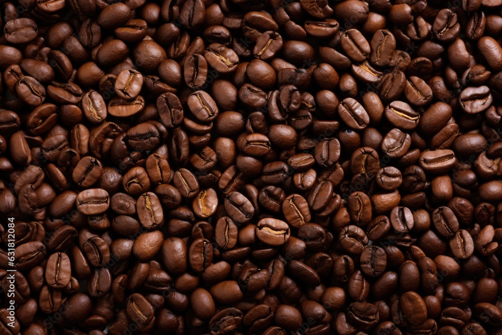 Fresh roasted coffee beans closeup pattern on dark background. Food pattern. Love coffee concept. Top view, flat lay with copy space
