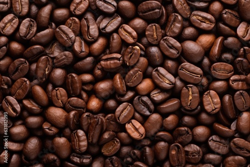 Fresh roasted coffee beans closeup pattern on dark background. Food pattern. Love coffee concept. Top view, flat lay with copy space