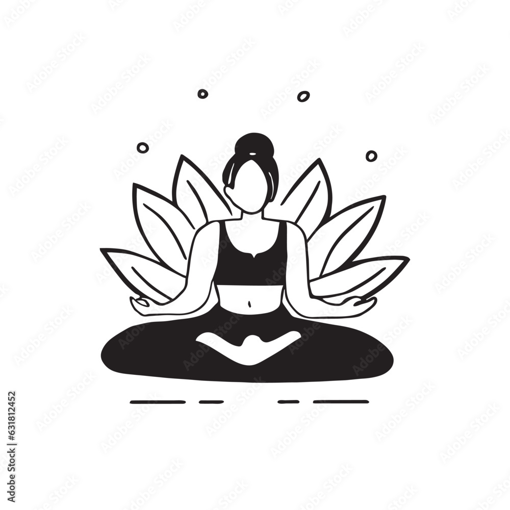 Discover serenity with this captivating black and white lotus yoga logo featuring a meditating girl in minimalism style. Embrace inner calm.