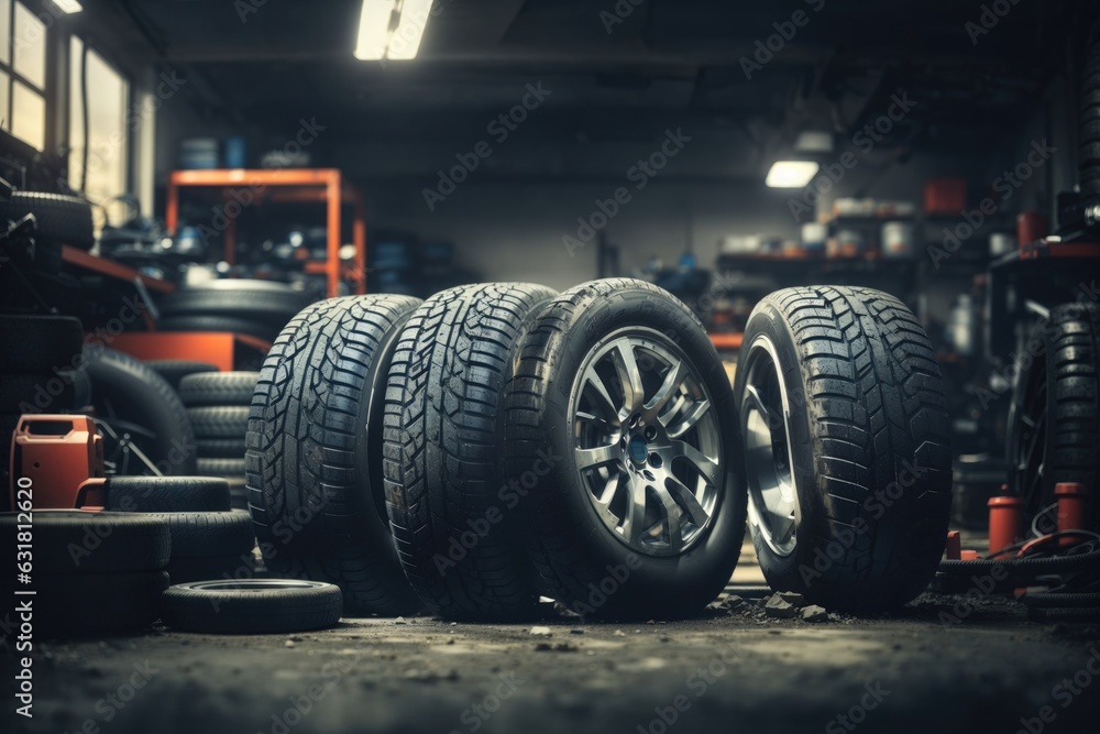 close-up new tires in the auto repair service center, brand new winter tires, tire stack background close-up new tires in the auto repair service center, brand new winter tires, tire stack background