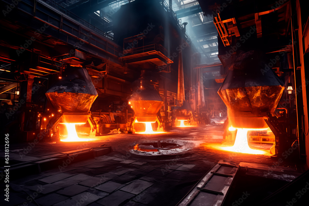 Metallurgical plant. Metal melting in a large cauldron. Molten metal. Metallurgy. 