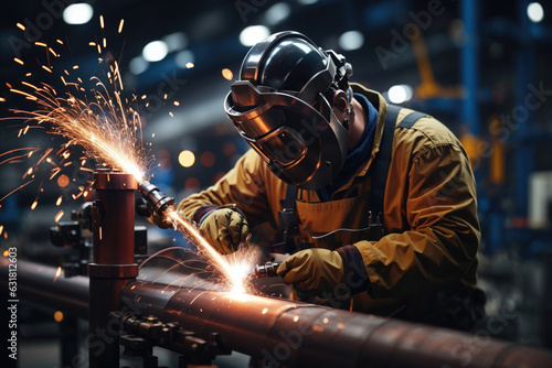 Highly skilled welder workers are welding in the construction site in the factory. photo