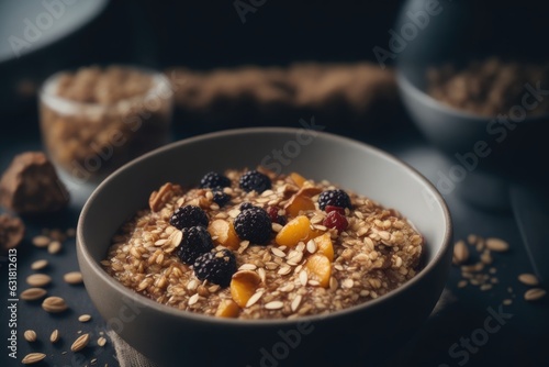 Healthy breakfast. Fresh granola, muesli with yogurt and berries on background. Copy space.