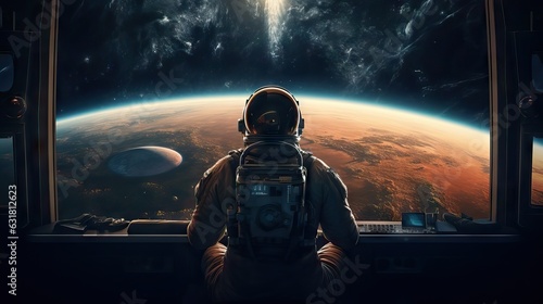 Fototapeta Naklejka Na Ścianę i Meble -  An image of an astronaut gazing into the vastness of outer space from a large spaceship window. Generative AI