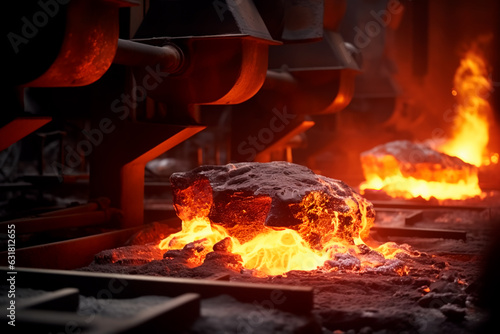 Metallurgical plant. Metal melting in a large cauldron. Molten metal. Metallurgy