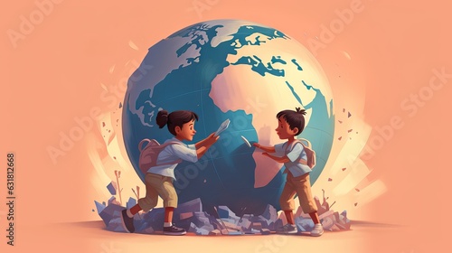 Children gleefully interacting with a globe, embodying their innate curiosity to explore the world and delve into science. Generative AI