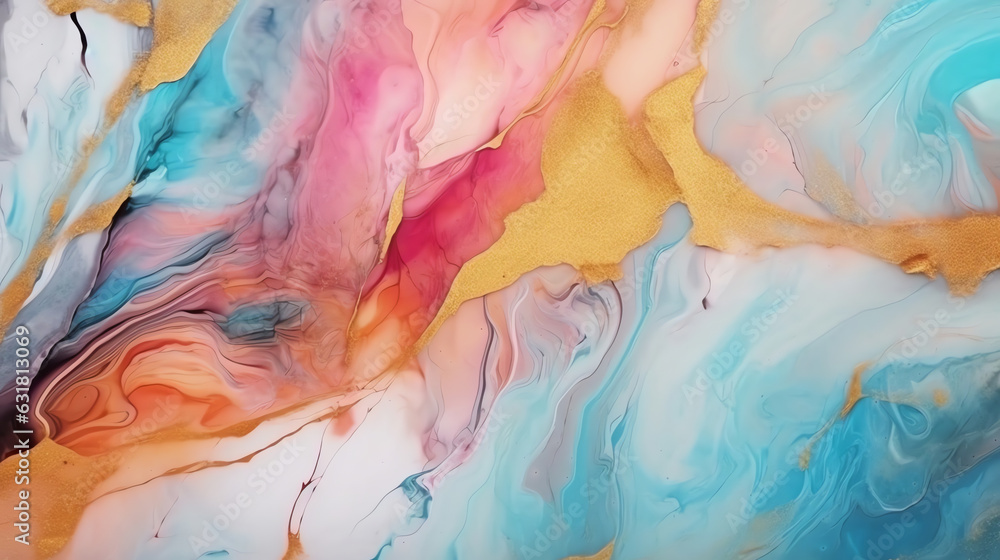 Generative AI : Natural luxury abstract fluid art painting in alcohol ink technique. Tender and dreamy wallpaper. Mixture of colors creating transparent waves and golden swirls. For posters, other pri