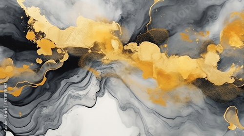 Generative AI : High resolution. Luxury abstract fluid art painting in alcohol ink technique, mixture of black, gray and gold paints. Imitation of marble stone cut, glowing golden veins. Tender and dr