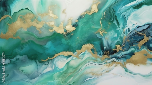 Generative AI : Blue alcohol stains of paint with the addition of gold powder. Subtle waves of paint, abstract blue waves of the ocean, lines of marble. Liquid paints, gradient stains, painting.