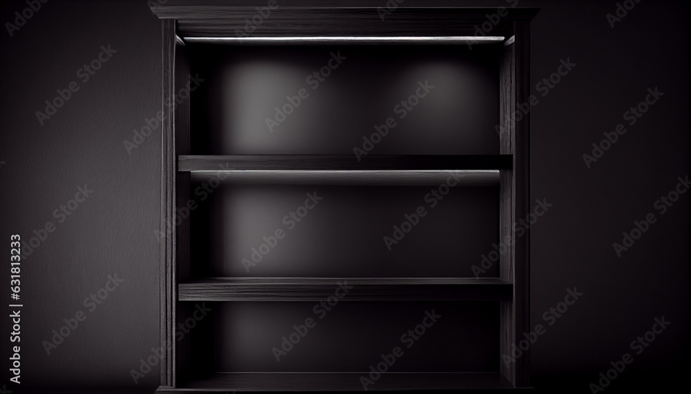Empty black wooden shelf on dark background. empty shelf on a dark background, Ai generated image