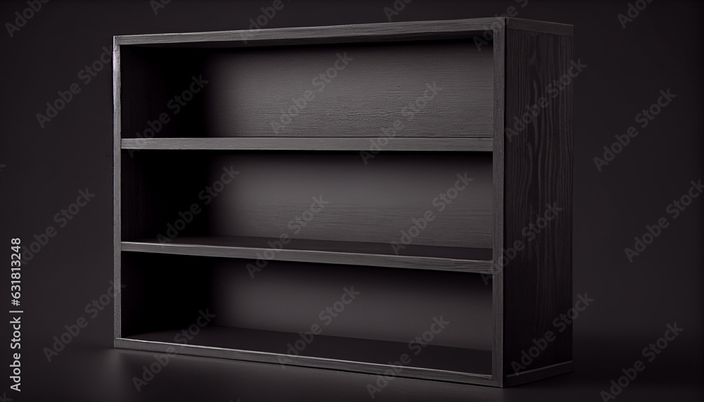 Empty black wooden shelf on dark background. empty shelf on a dark background, Ai generated image Empty black wooden shelf on dark background. empty shelf on a dark background, Ai generated image